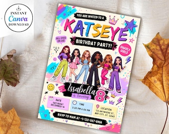 Katseye Birthday Invitation, Purple Girl Group Theme, Pink Pop Star Party Invite, Editable Canva Template, Printable Digital Evite