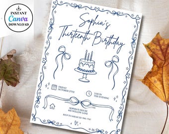 Editable Blue Birthday Invitation Template,Girls Coquette Invite,13th Birthday Party Invite,Teen Girl Digital Download,Printable Invitation