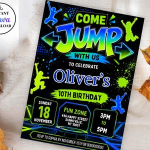 May include: A black birthday invitation card featuring neon green and blue text that reads Come Jump With Us To Celebrate Oliver's 10th Birthday. The design includes silhouettes of people jumping, a trampoline graphic, and event details.
