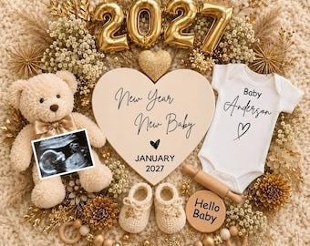 New Year 2027 Pregnancy Announcement,Growing By Two Feet,January 2027 Baby Reveal,Gender Neutral Baby Announcement,Editable Canva Template