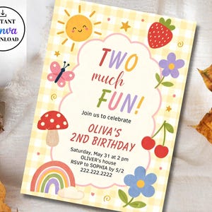 May include: A cheerful birthday invitation with a yellow gingham background. The invitation features colorful illustrations of a sun, butterfly, mushroom, rainbow, strawberry, cherries, and flowers. Text reads "TWO much FUN!" and details for Oliva's 2nd birthday.