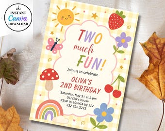 2nd Birthday Invitation Girl, Two Much Fun Birthday Invitation, Whimsical, Butterfly, Editable Canva Template, Instant Download