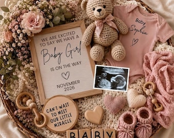 Girl Pregnancy Announcement Digital,Editable Girl Gender Reveal,Pink Floral Announcement Social Media Reveal Template,Little Sister Reveal