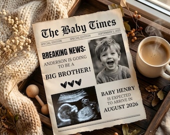 Anuncio de embarazo digital en periódico, Anuncio de nacimiento para hermanos en periódico, Plantilla editable de redes sociales de género neutro, Hermano mayor