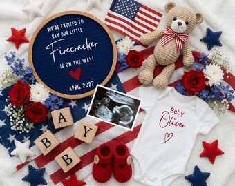 4. Juli Schwangerschaftsankündigungsvorlage, Firecracker Baby Reveal, Gender Neutral Social Media Baby Reveal, bearbeitbare Canva-Vorlage