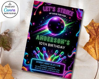Editable Bowling Birthday Invitation, Boy Bowling Invite, Glow Bowling Invitation, Neon Bowling Party Invite, Editable Canva Template