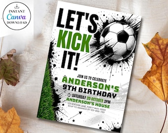 Editable Soccer Birthday Invitation Template, Let's Kick it Soccer Invite, Football Party Evite, Kids Soccer Invite, Editable Canva Template