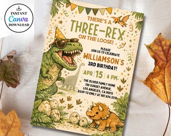 Dinosaurier-Geburtstagseinladungsvorlage, bearbeitbar drei Rex Geburtstag einladen, 3. Geburtstag Dino Party, drei Rex im Lose, Jungen Geburtstag Canva
