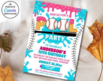 Baseball Pool Party Invitation,Sports Birthday Party Invite,Ice Cream Drip Birthday Invitation,Editable Canva Template,Boy Girl Pool Party