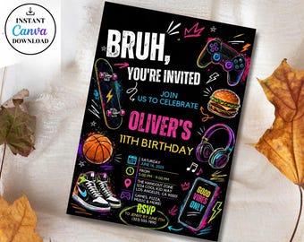 Bruh You're Invited Birthday Invitation, Tween Boy Birthday Invitation, 11th Birthday Gamer Party Invite, Editable Canva Template