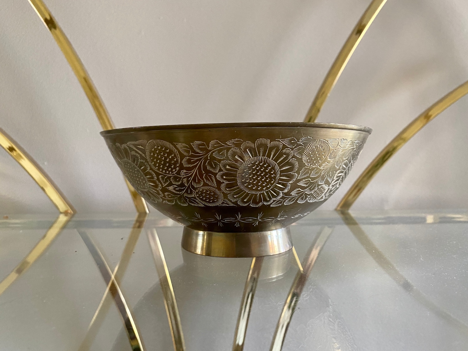 Vintage Etched Floral Brass Bowl Etsy