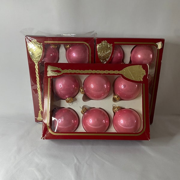 3 Boxes of 6 Vintage Metallic Pink Glass Christmas Ornaments