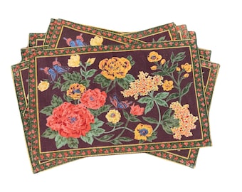 Set of 6 Vintage Fabric Placemats with Flowers and Butterflies