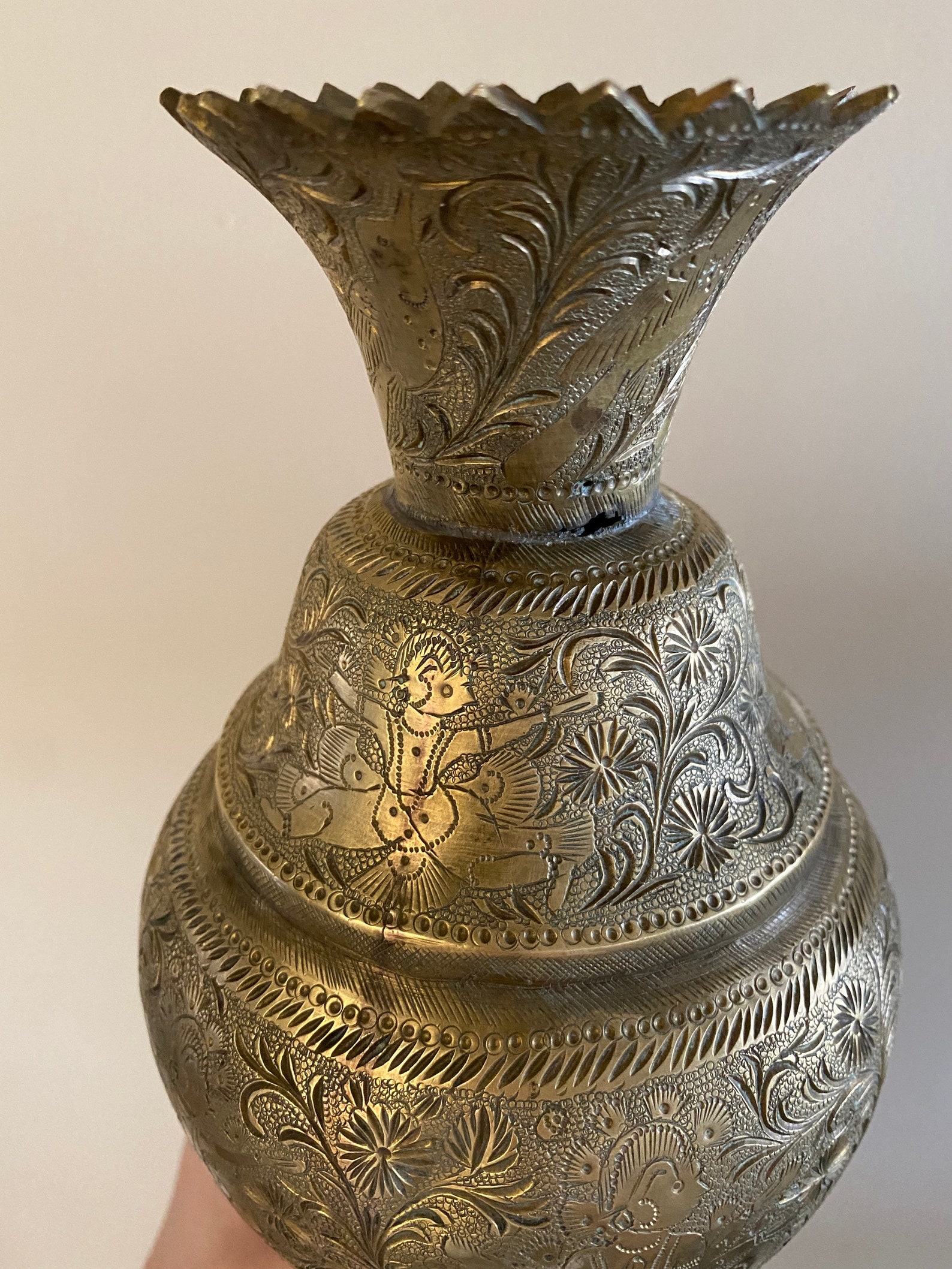 Large Vintage Brass Hindu Vase with Birds and Floral Design Etsy