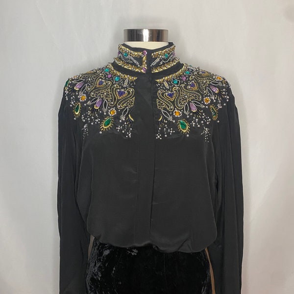 Vintage Black Silk Beaded Rhinestone Embellished Blouse 1980s