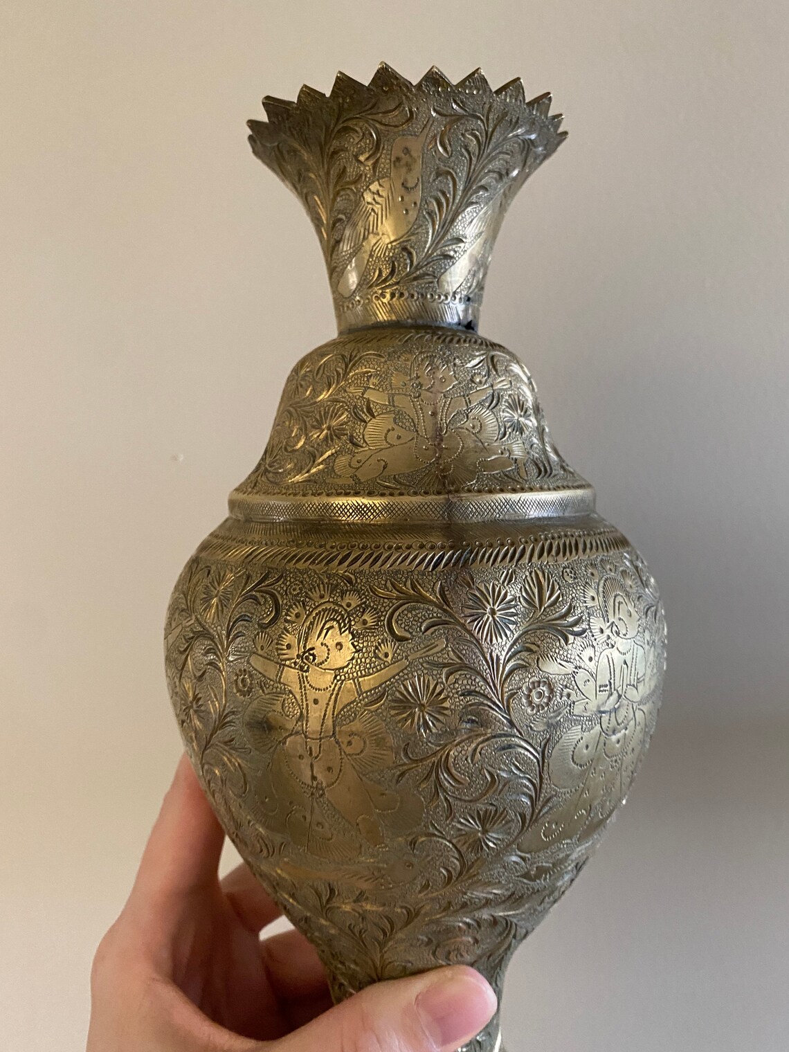 Large Vintage Brass Hindu Vase with Birds and Floral Design Etsy