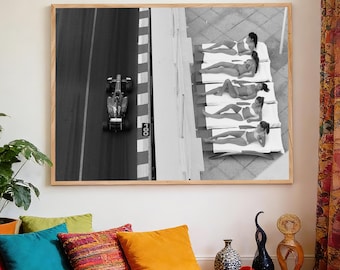 Sunbathing, Monaco Grand Prix, Black White Photography Poster,Horizontal Art Poster, Waterproof Canvas Print, Unframed
