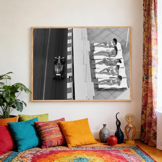 Sunbathing, Monaco Grand Prix, Black White Photography Poster,Horizontal Art Poster, Waterproof Canvas Print, Unframed
