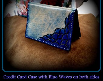 Blue Leather Credit Card Case, Mini Wallet perfect size for credit and business cards, as well as some folded cash. Stamped on both sides