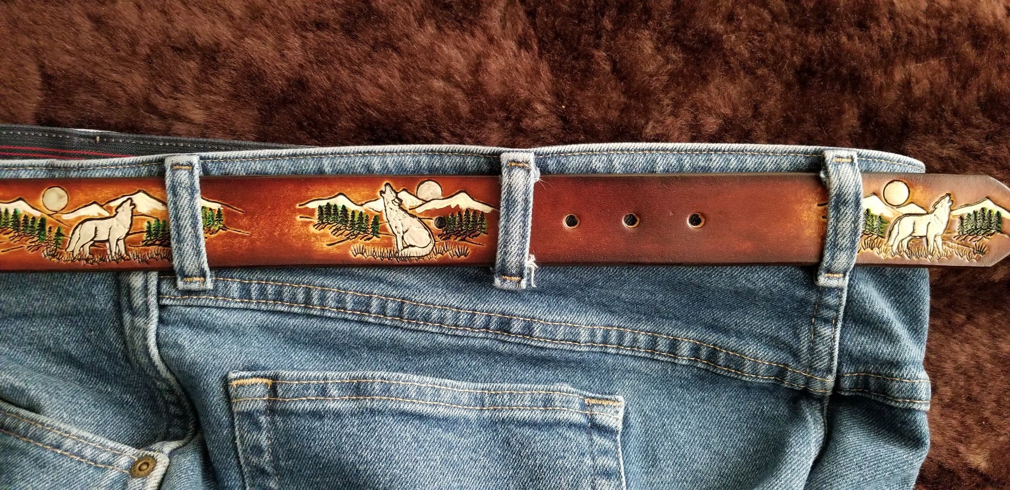 The Ultimate Howling Wolf Belt, Dark Brown, Personalized Leather