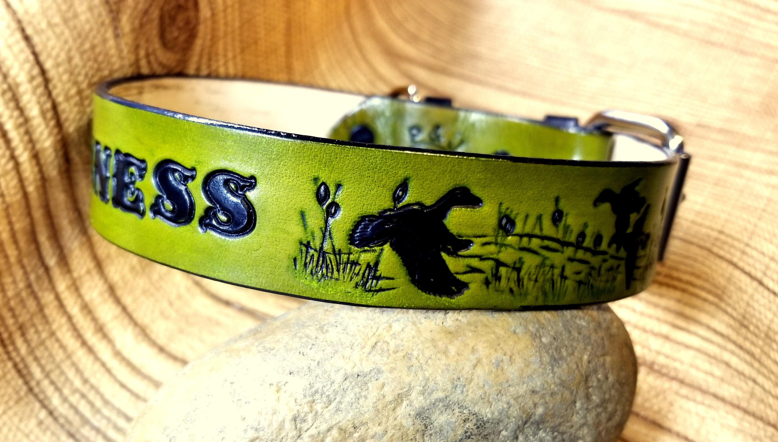 Hunting dog Olive green leather dog collar with name and heavy duty