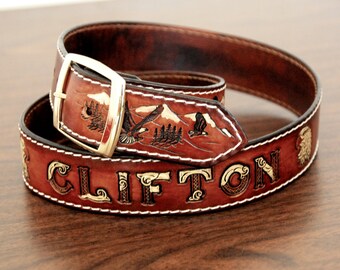 Personalized Leather Name Belt  Dark Brown, painted background and white stitching, All Eagles in different flights