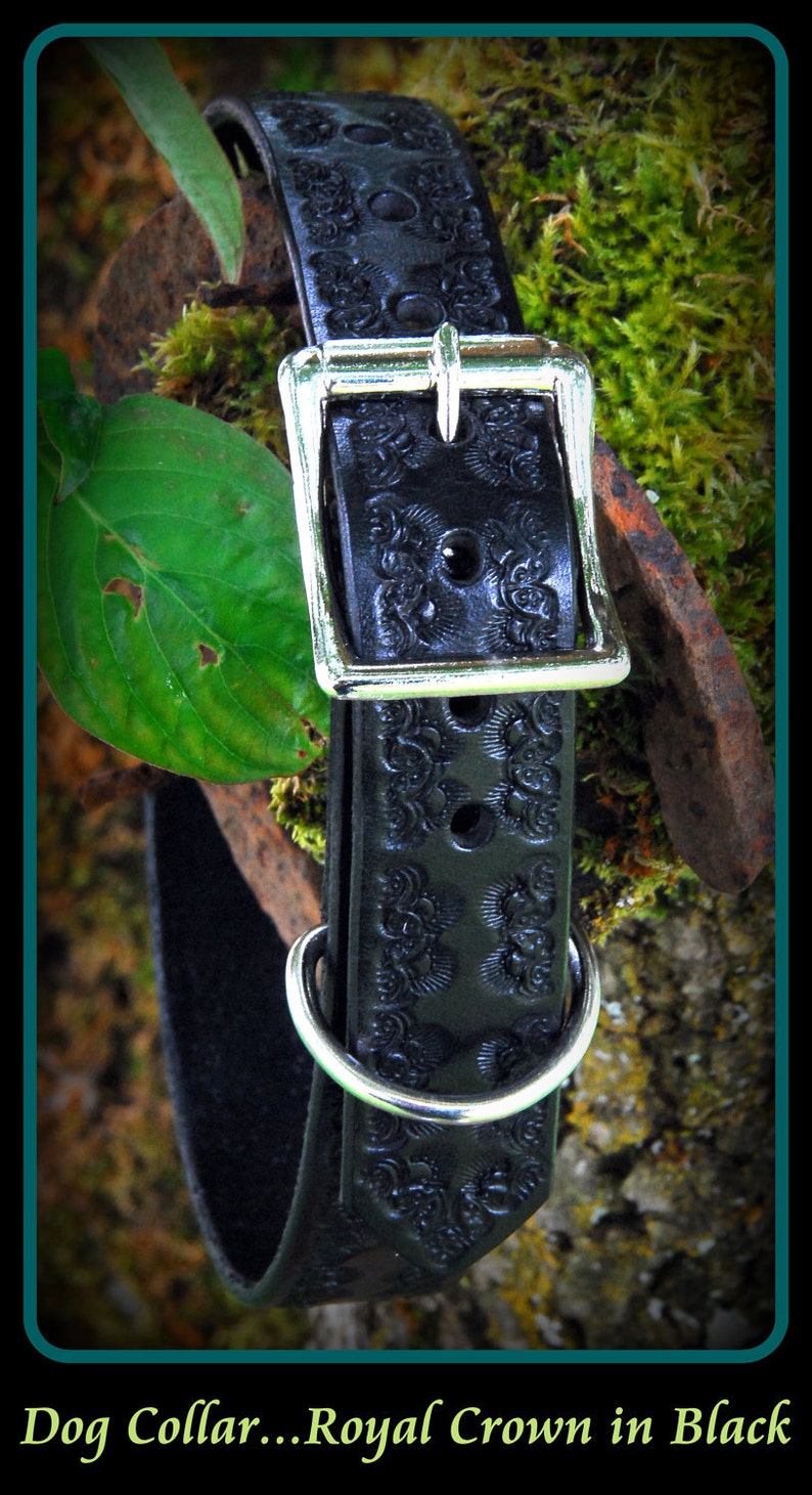 Black Leather Dog Collar 1 inch wide, Royal Crown design, nickle plate hardware, can be monogrammed... image 1