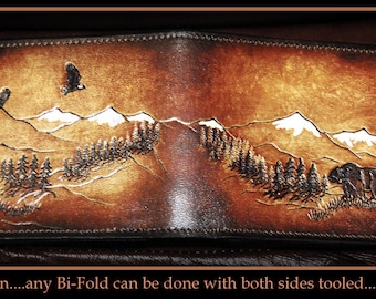 Eagles and Bear,  Handmade Leather bi-fold Wallet, Wild life, Mountains, Leather Billfold, design on Front and Back, Dark Brown Man purse.