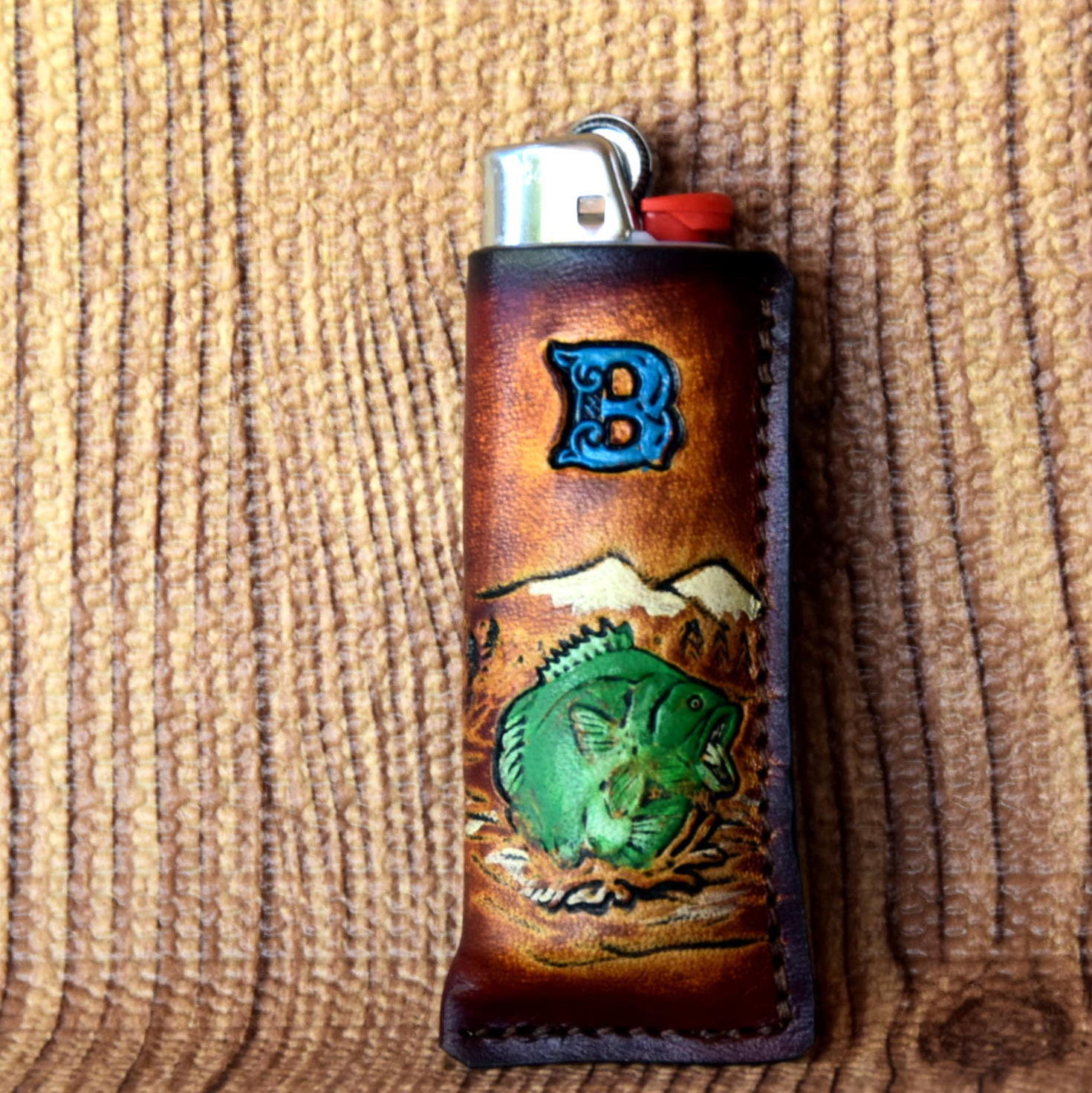 Fishermans gift, Leather lighter case Large Mouth Bass fish, fits most disposable  lighters. Personalize your lighter with 1 free initial.