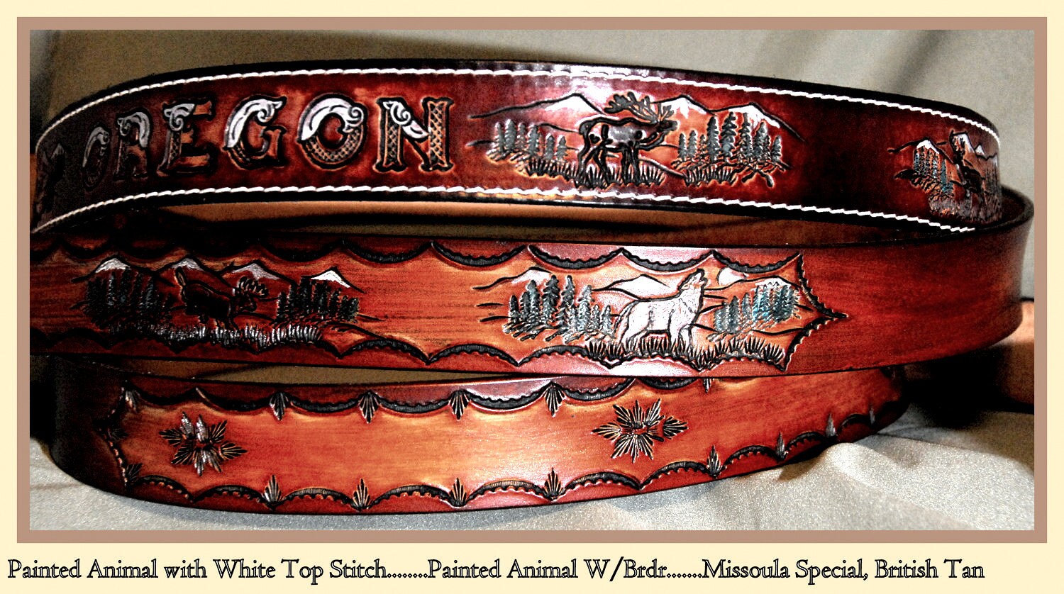Leather, Wildlife NAME Belt, Dark Brown, painted background and white