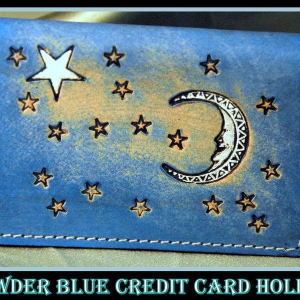 Fantasy Stars and Moon Leather Card Case, Moon Beam Maroon, Cosmic Dust Green, Star Trail Blue, perfect size for credit and business cards,