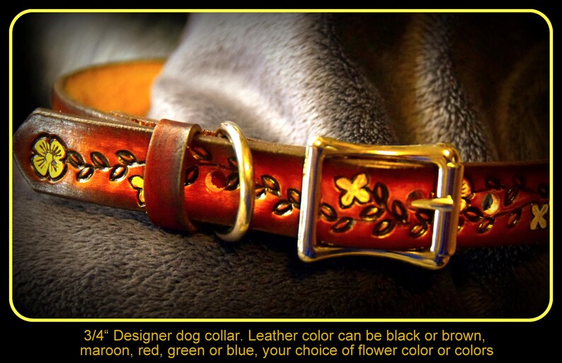 Thin Designer Leather Dog Collar 3/4 inch wide Yellow Flower Etsy
