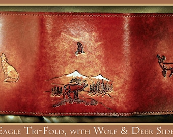 Leather Tri-Fold Wallet, Eagle, Elk, Wolf, Deer, Handmade will last for years with a 7 pocket all leather inside with a 6 page photo/ID case