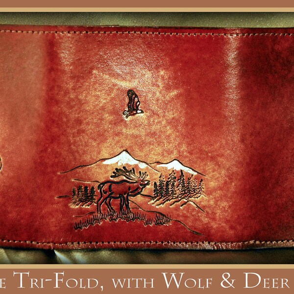 Leather Tri-Fold Wallet, Eagle, Elk, Wolf, Deer, Handmade will last for years with a 7 pocket all leather inside with a 6 page photo/ID case