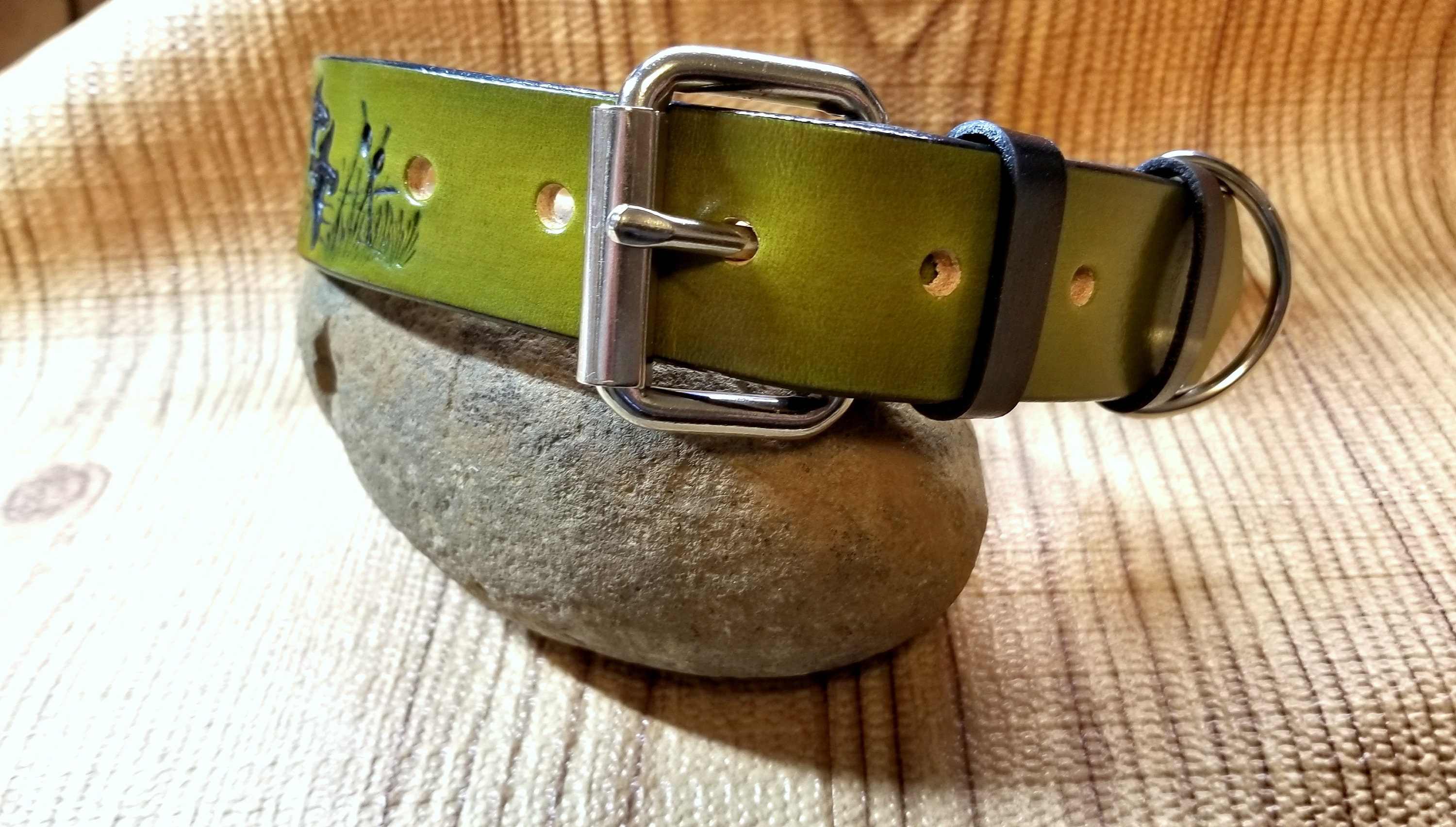 Hunting dog Olive green all leather dog collar with name and heavy duty