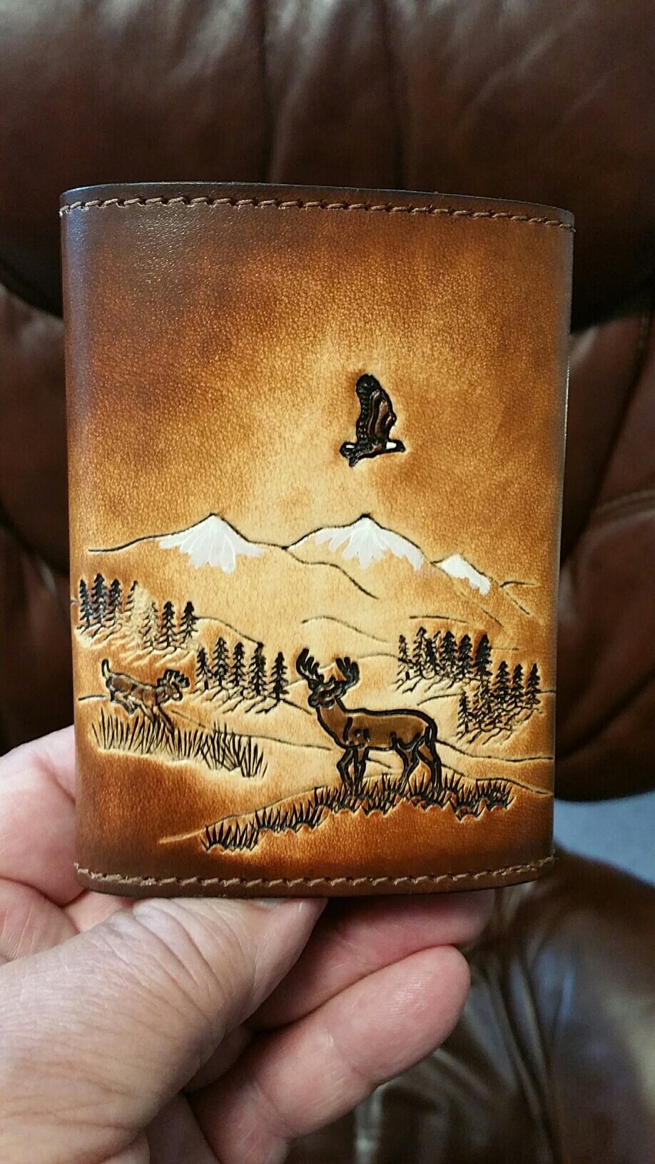 Brown Leather Wallet Men's Tri Fold with Deer Elk and Eagle, 3 pocket