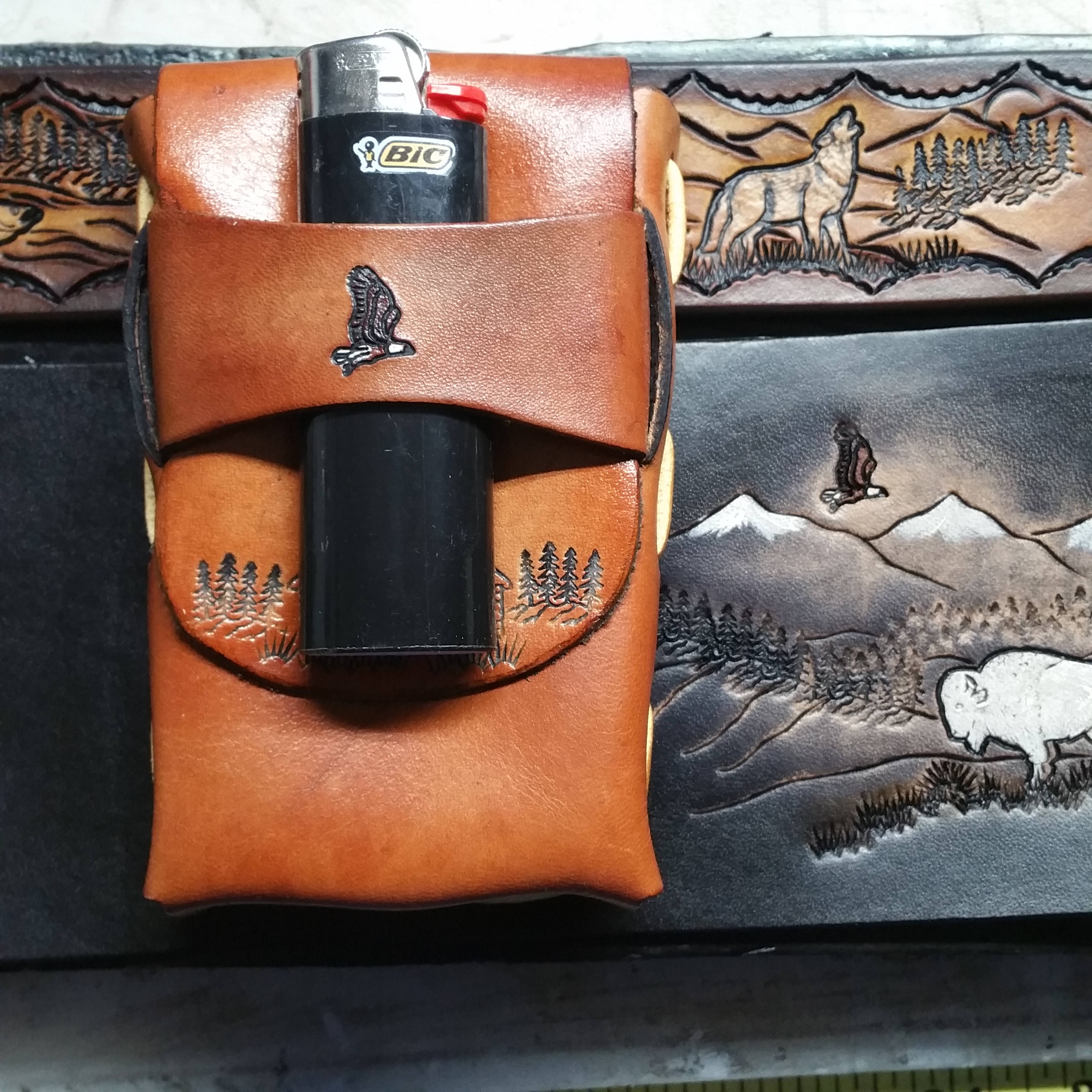 Genuine leather Cigarette case with log cabin in the woods and eagle, wolf howling at the moon