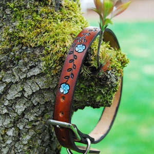 Thin Designer Leather Dog Collar 3/4" or 1 inch wide Flower vine, nickel plate outdoor hardware, can have name and phone number if wanted