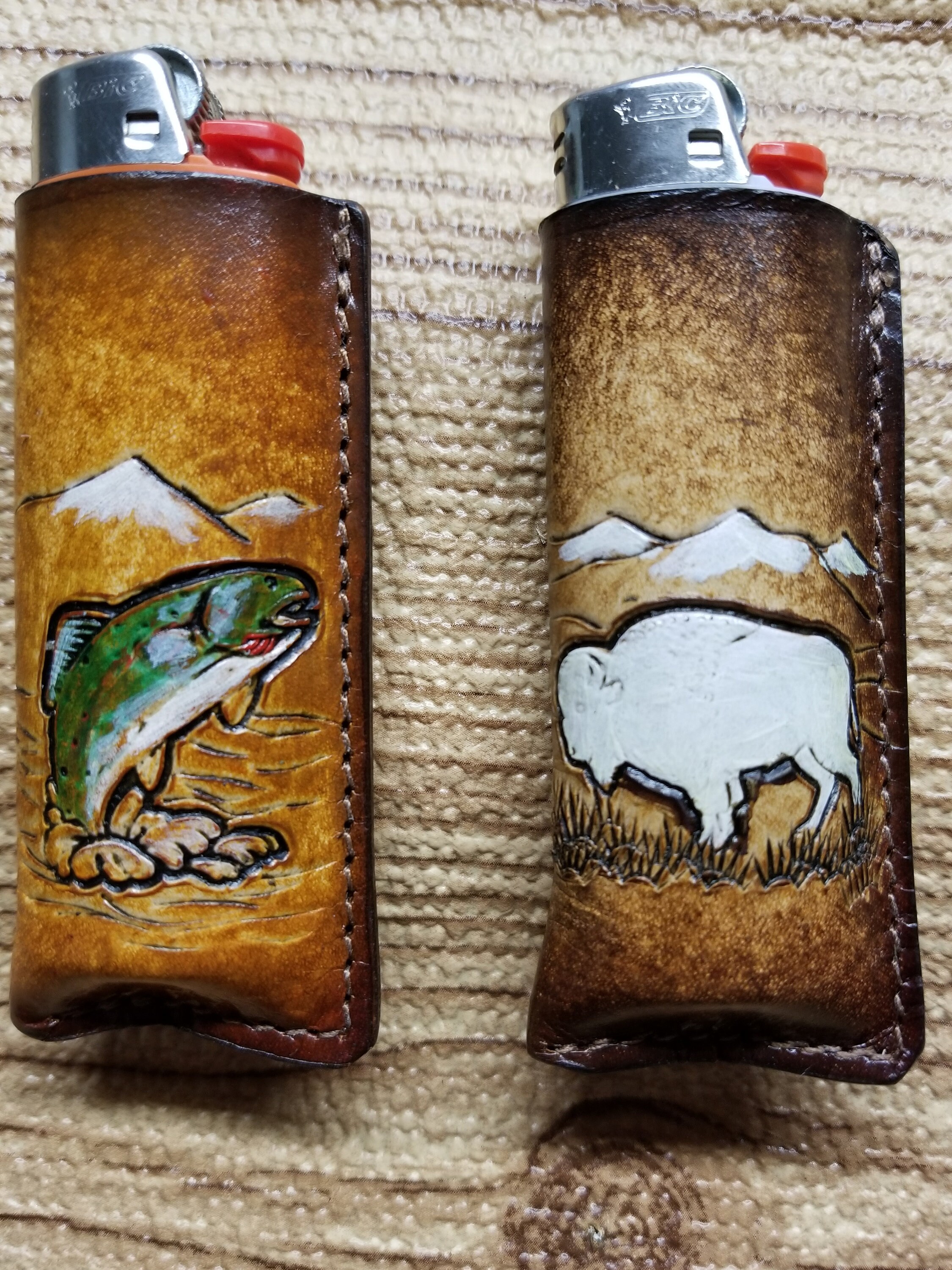 Bass fishing Leather lighter case, mans birthday gift fits most