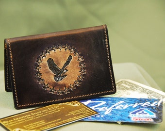 Father's day gift, Leather Credit card, Business Card case, with Eagle and Stars, 2 to 10 cards and cash, small wallet minimalist wallet