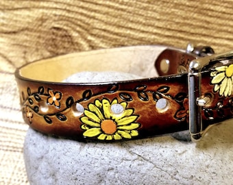 Big colorful daisy flowers leather dog collar with name and heavy duty outdoor hardware.  She will smile with pride give your dog some style