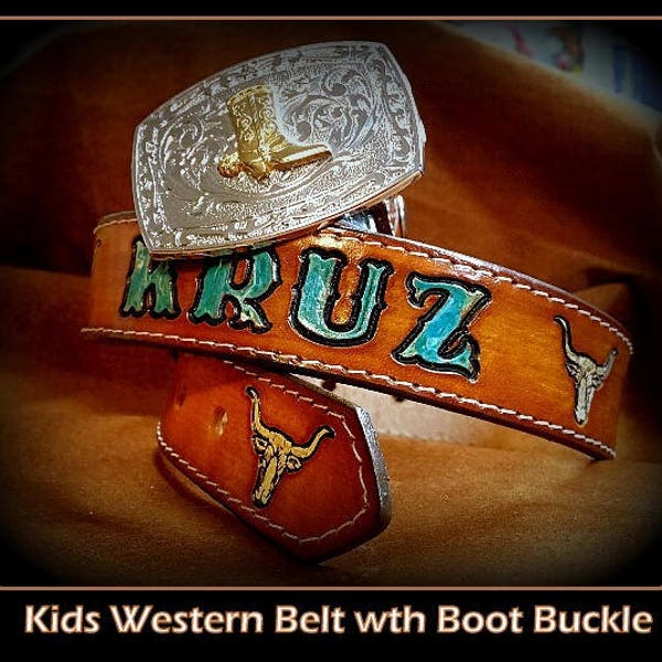 Child's Western Name Belt, Handmade, Infant to Size 12 with painted name and white stitching, for the little one, western themes, steerheads