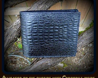 Men's, Slim, Black, Leather, Alligator & Crocodile Billfold, For a distinctive wallet look no further! Embossed cowhide in black.