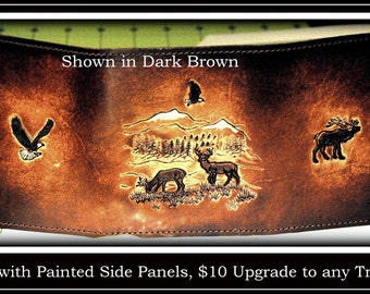 Leather Tri-Fold Wallet Dark Brown handmade with all animals painted and a 7 card pocket leather inside and FREE 6 page photo holder