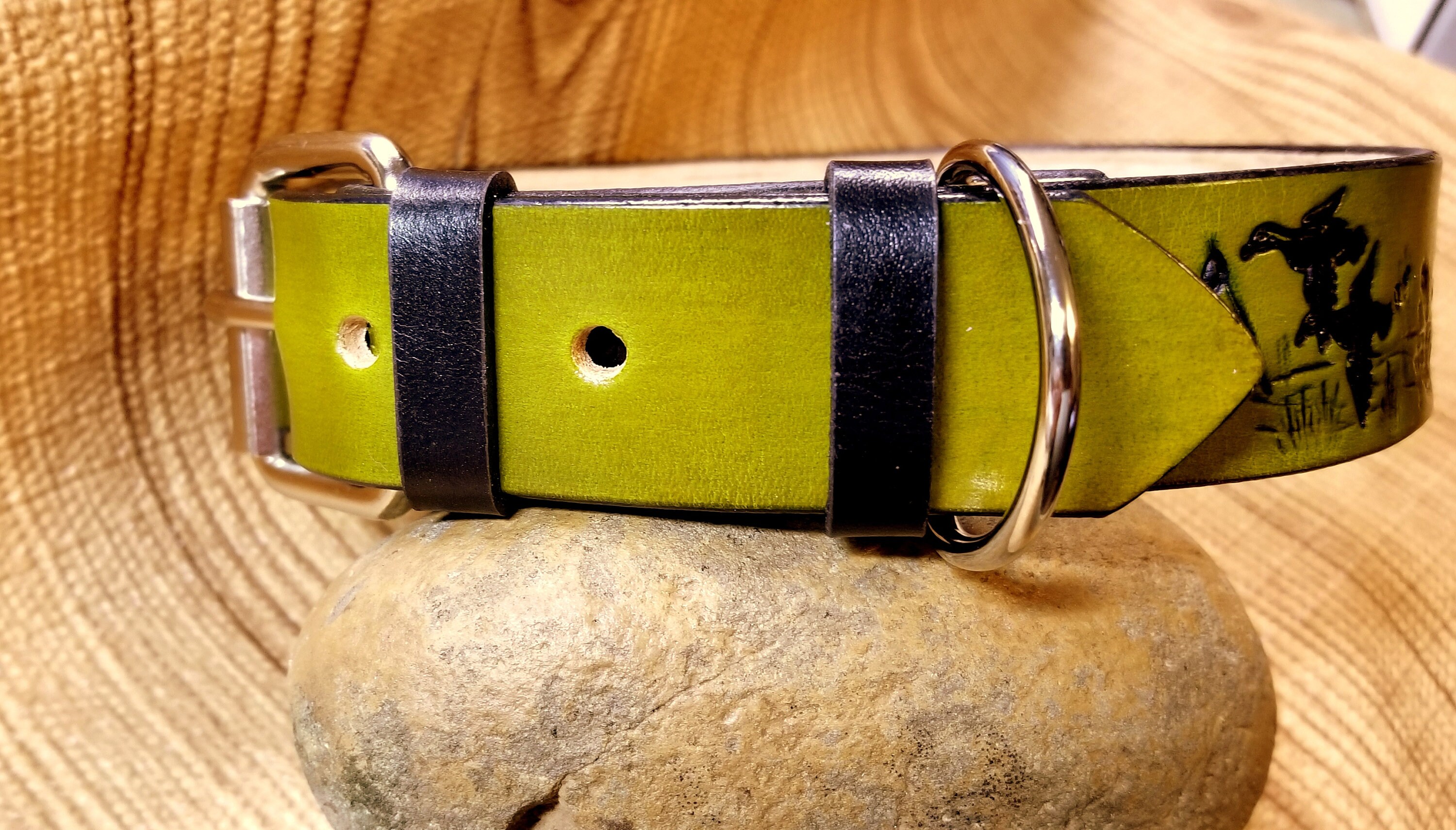 Hunting dog Olive green all leather dog collar with name and heavy duty