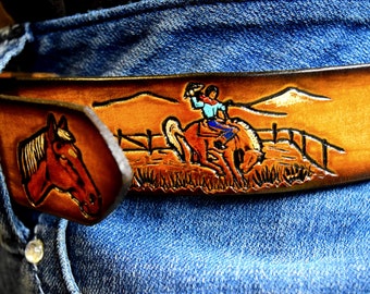 Back to school. Saddle up Cowboy! Leather Name Belt. Toddler to Size 12 with name and lots of horses.  Personalized little rodeo belt.