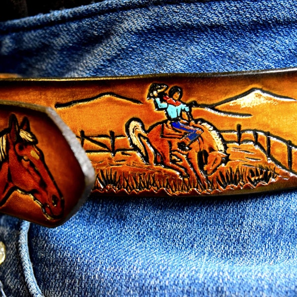 Back to school. Saddle up Cowboy! Leather Name Belt. Toddler to Size 12 with name and lots of horses.  Personalized little rodeo belt.