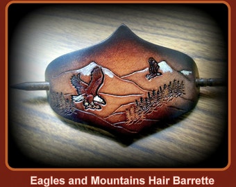 Leather hair Barrette, Eagles and Mountains with very upscale stick, ponytail holder, great stocking stuffer, bridesmaid quanity discounts