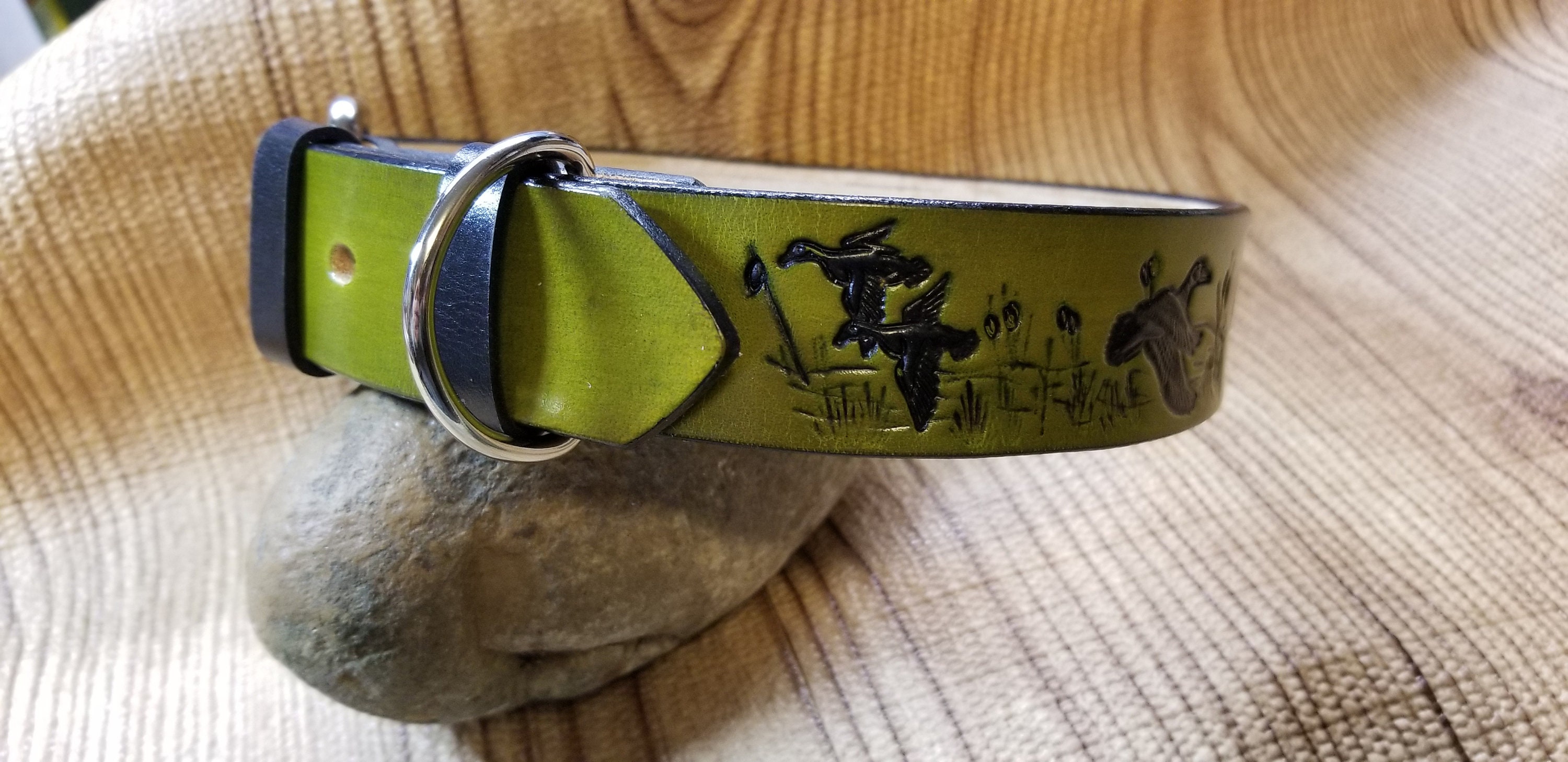 Hunting dog Olive green all leather dog collar with name and heavy duty