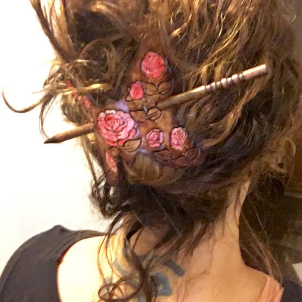 Colorful Real Leather Butterfly Hair Barrett , Pony tail holder, upscale high gloss stick...Reminds me of a bunch of of Roses in your hair!!